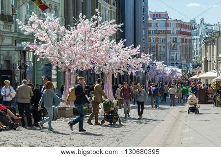 Moscow, Russia -may 14. 2016: Decoration of Kuznetsky Most Street for the holiday - Moscow Spring