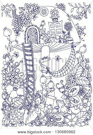 Vector illustration Zen Tangle doodle house of the fungus in the forest. Doodle flowers. Coloring book anti stress for adults. Coloring page. Blue and white.