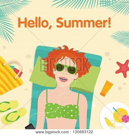 Vector illustration with woman lying on the mat on beach in summer.