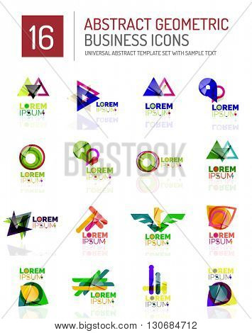 Abstract geometric business logo icon set. Colorful geometrical figure compositions with light effects - triangles circles rings arrows lines