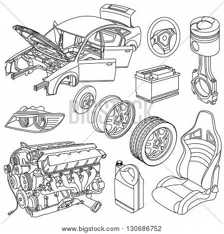 Car spare parts icons isometric vector set