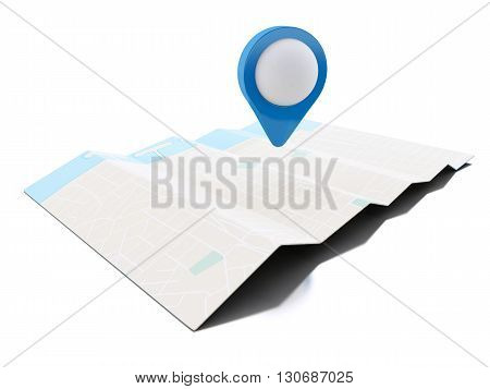 3d renderer image. Map with blue map pointer. Navigation concept. Isolated white background.