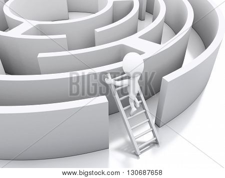 3d renderer image. White people in a maze with white stairs. Challenge and business concept. Isolated white background.