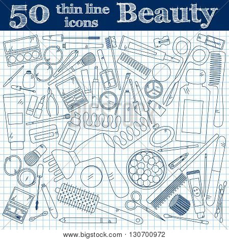 Tools for makeup. Set of 50 cosmetic icons in thin line  on noteboook. Vector collection for beauty design.