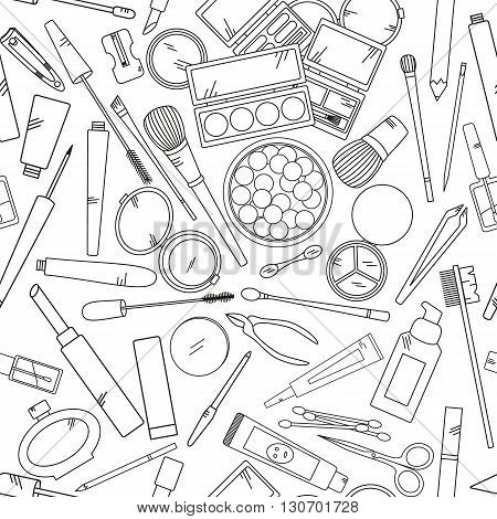 Seamless pattern with tools for makeup in black and white colors. Vector collection for beauty design.