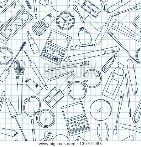 Seamless pattern with tools for makeup on notebook. Vector collection for beauty design.