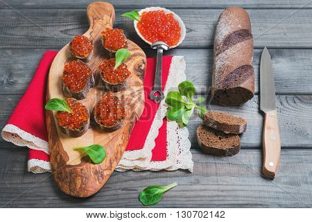 Small Canape Sandwiches With Fish Red Caviar