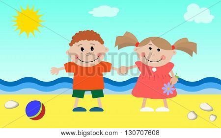 Children at the sea. Vector illustration. It can be used for the children's websites, magazines, packing and typographical production