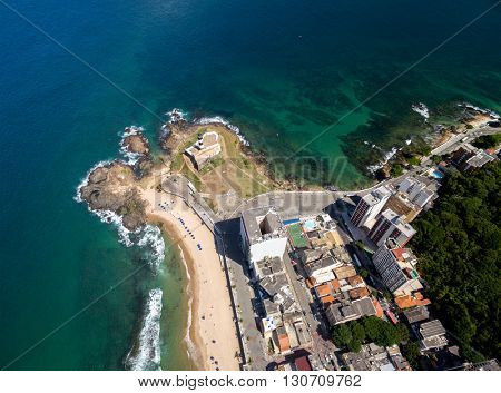 Aerial view of Farol da Barra (Barra Lighthouse) and Salvador cityscape, Bahia, Brazil