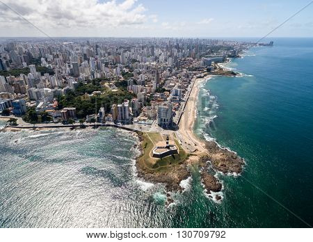 Aerial view of Barra Lighthouse and Salvador cityscape, Bahia, Brazil