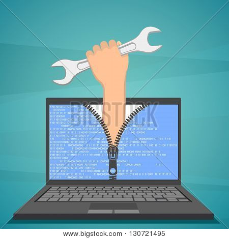 Human hand with a wrench sticking out of laptop. Technical support. Stock vector illustration.
