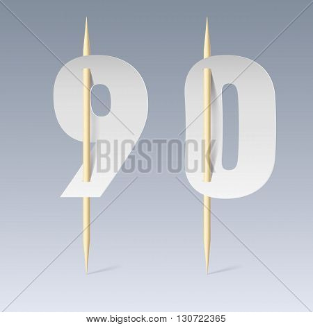 Illustration of white paper cut font on toothpicks on grey background. 9 and 0 numerals