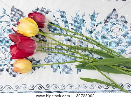 A Bouquet Of Spring Tulips On A Beautiful Table