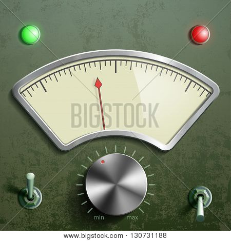 Measuring mechanical retro device with an arrow and switches. Stock vector illustration.