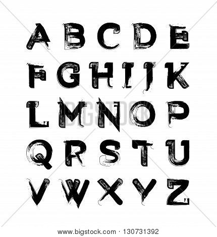 Ink brush textured alphabet set isolated on white