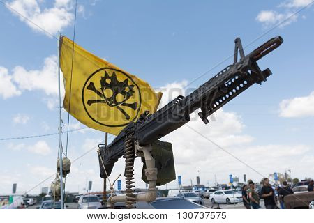 Torrance USA - May 21 2016: Machine Gun and Flag during 1st Annual Wasteland World Car Show.