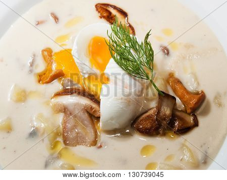 Traditional Czech potato soup Kulajda with roasted mushrooms