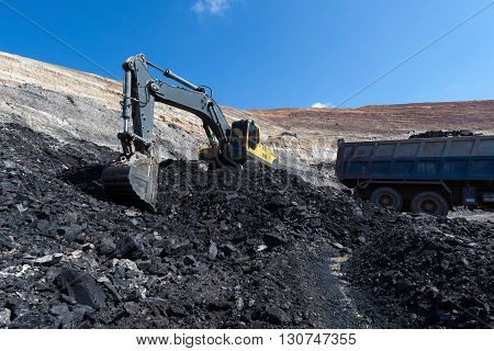 Yellow Backhoe Work In Coalmine