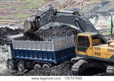 Yellow Backhoe Work In Coalmine