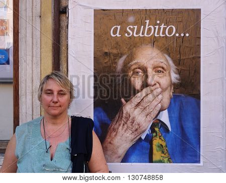 ROME ITALY - MAY 21 2016: Marco Pannella funerary commemoration in Navona Square the Italian Politician was a Champion of Civil Liberties
