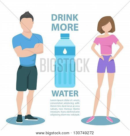 Fitness couple with inscription Drink more water. Healthy lifestyle concept. Motivation poster template. Bottle of water. Flat style vector illustration.
