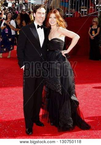 Daniel Zelman and Debra Messing at the 60th Primetime Emmy Awards held at the Nokia Theater in Los Angeles, USA on September 21, 2008.