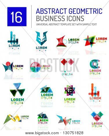 Abstract geometric business logo icon set. Colorful geometrical figure compositions with light effects - triangles circles rings arrows lines