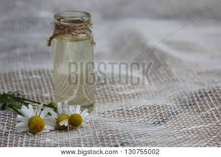 Jar with vegetable oil and chamomile flowers on a background of burlap.