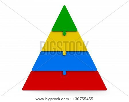 Four color puzzle pieces compose pyramid - represents four steps isolated on a white background three-dimensional rendering 3D illustration