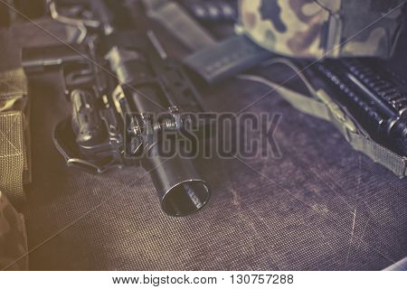 close up on military equipment close up on rifle