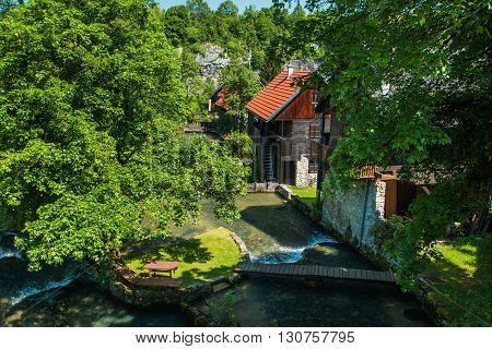 Beautiful village of Rastoke near Slunj in Croatia, river Slunjcica, old water mills on waterfalls