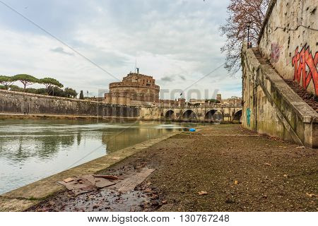 ROME - January 12: Nice view of the river Tiber January 12 2016 in Rome Italy.