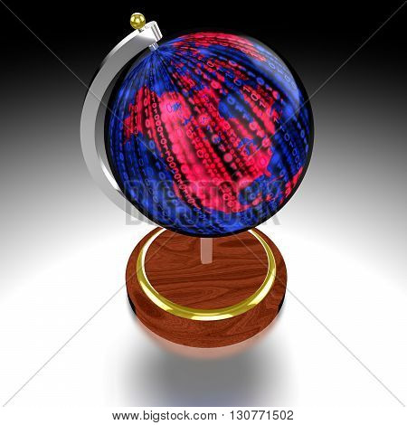 3D illustration globe on blue textured with a glowing red datastream map