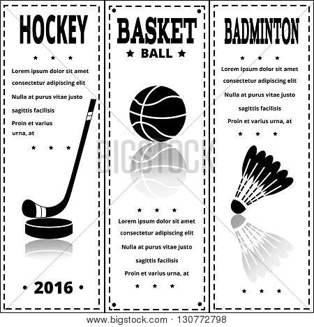 Sports items on white paper. Set of Vintage Sport separate Labels. Retro Sport Card. Sport Items in Vintage Style. Vector illustration. Sports flyer.