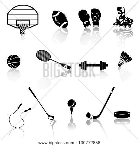 Vector set of sport objects. The composition of the sports items. Vector illustration on the theme of sport. Icons on the sports theme. Sports white black prints. White black icons.