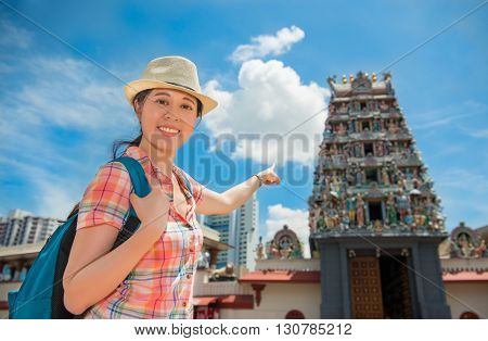 Happy Asia Woman Travel In Singapore, Sri Mariamman Temple