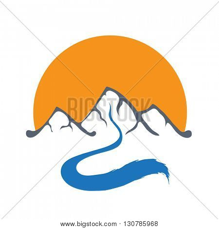 Mountain river and sun, vector logo illustration.