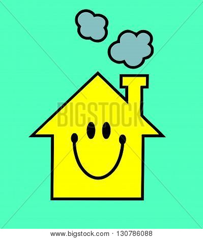 Smiling yellow house on a blue background with smoke vector. House vector.