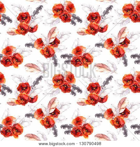 Vintage floral repeating sealess background with poppies and feathers in natural colors