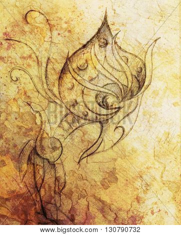allien figure  ornamental drawing on paper. Desert crackle Computer collage