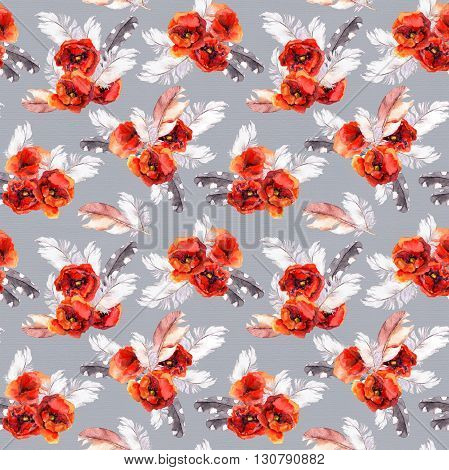 Vintage floral repeating sealess background with poppies and feathers in natural colors