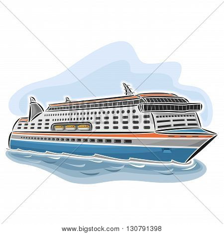 Vector illustration of logo for cruise ferry, consisting of passenger cars nautical express ferryboat ship, floating on the ocean sea waves close-up on blue background