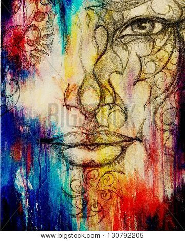 Man face with ornament, pencil drawing, eye contact. Color effect and Computer collage