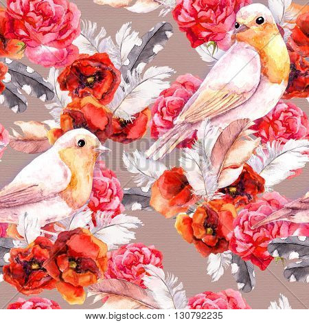 Vintage floral repeating sealess background with poppies, feathers and birds in natural colors