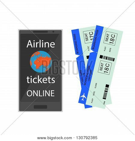 Airline tickets online. Buying or booking Airline tickets. Ticket reservations by phone. Online app for tickets order. Internation flights. Flat 3D isometric. Vector illustration.