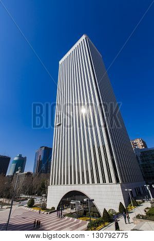 MADRID, SPAIN - MARCH 16, 2016: Building of Picasso Tower. It is one of the highest skyscrapers in Madrid with a height of 157 meters.