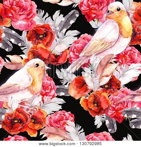 Vintage floral repeating sealess background with poppies, feathers and birds in natural colors