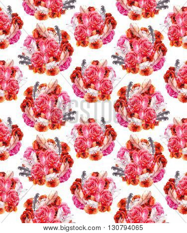 Vintage floral repeating sealess background with poppies and feathers in natural colors