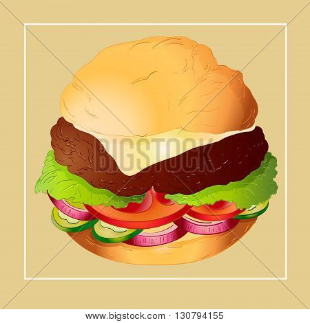 cheeseburger cheese bun with lettuce onion tomato cucumber and chop