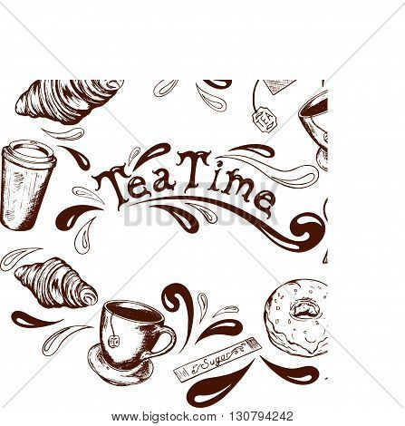 inscription tea time in the center of the frame of the tea cups tea bags donuts croissants sugar stick and splashing in retro style